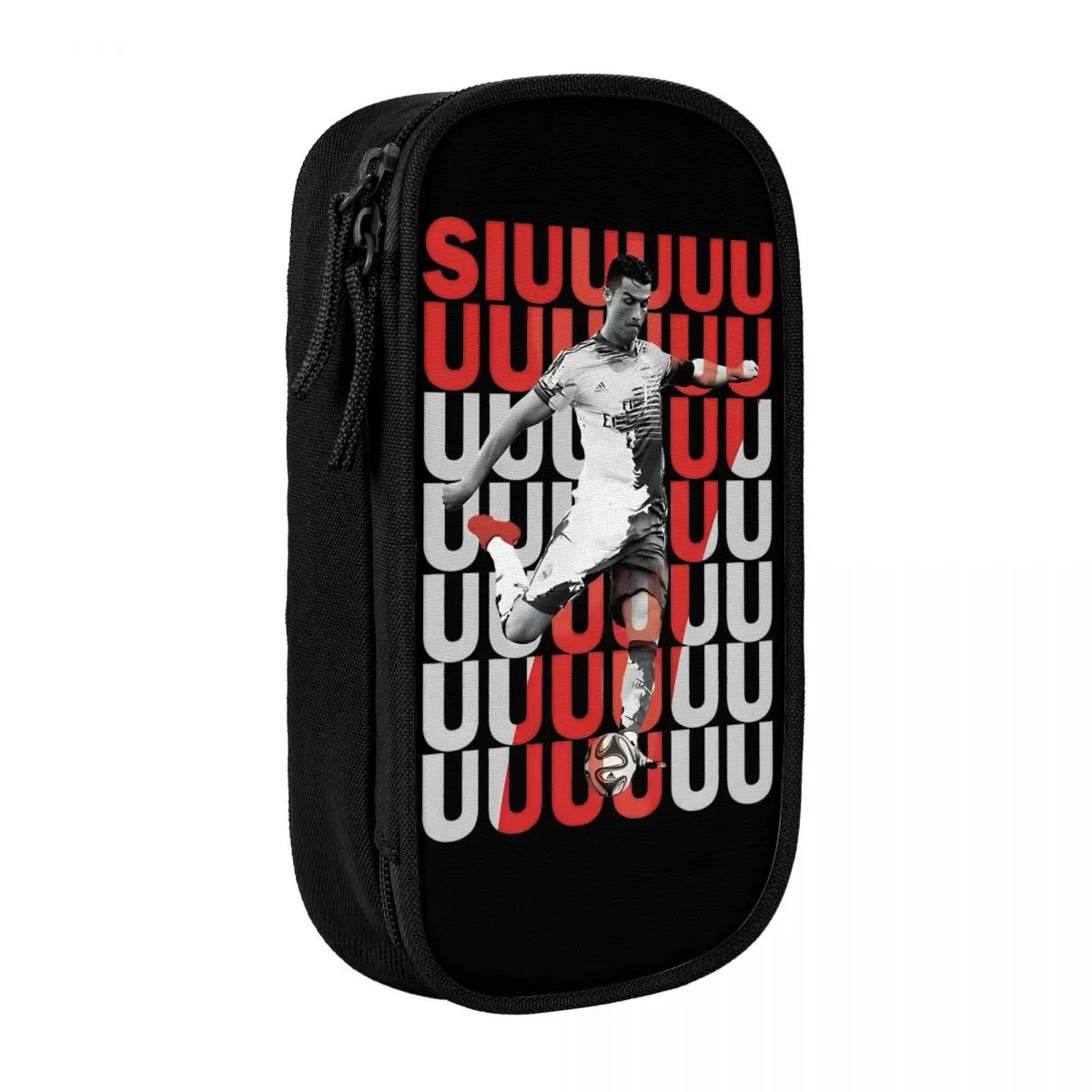 Black pencil case featuring a repeating pattern of red and white letters on a soccer player.