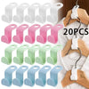 A set of 20 multi-hook wardrobe organizers in white, pink, green, and blue colors displayed on a wooden hanger.