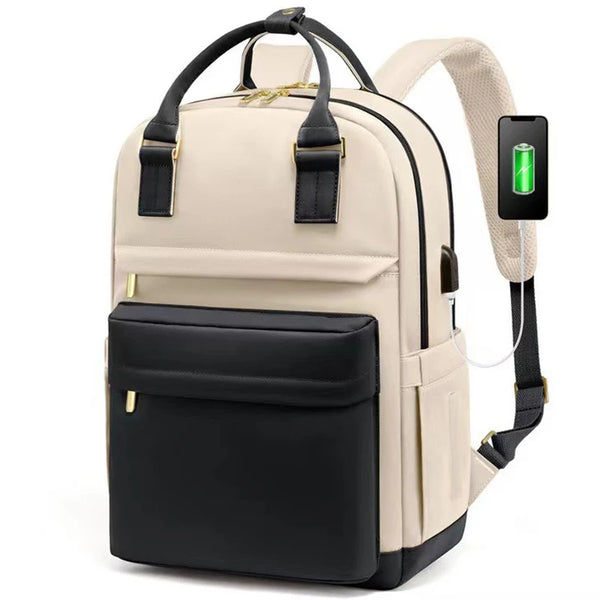 A beige and black nylon waterproof travel backpack with a side light feature.