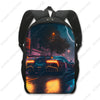 A black backpack featuring a vibrant night scene with a car driving on a wet road under streetlights and lightning.