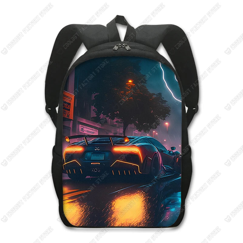 A black backpack featuring a vibrant night scene with a car driving on a wet road under streetlights and lightning.