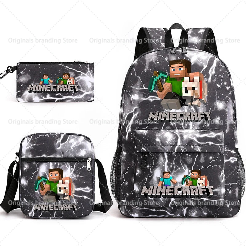 A black Minecraft themed backpack and pouch set featuring pixel art characters.