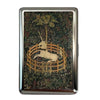 Art Deco metal card case featuring a detailed illustration of a white deer within a circular wooden enclosure on a dark, foli