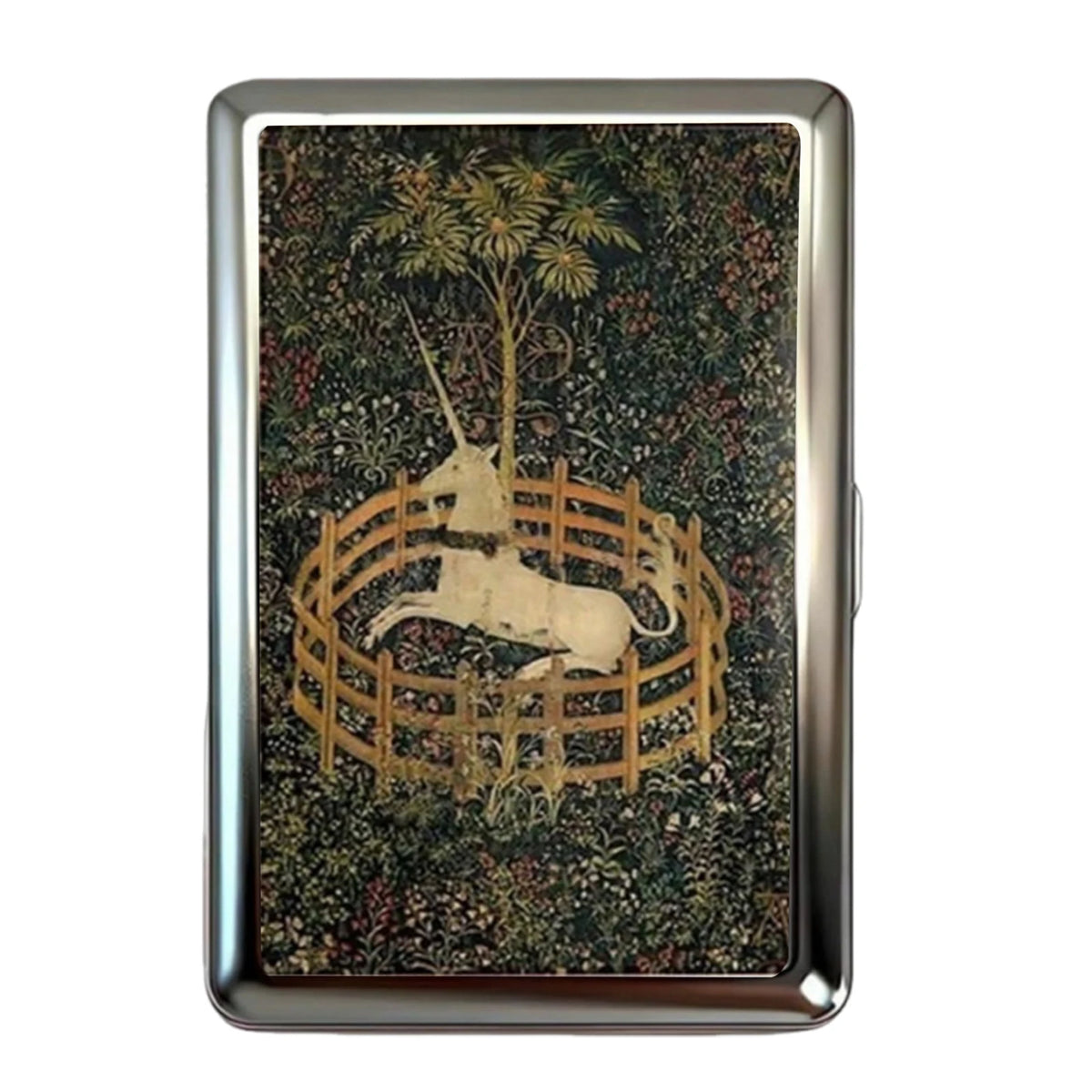 Art Deco metal card case featuring a detailed illustration of a white deer within a circular wooden enclosure on a dark, foli