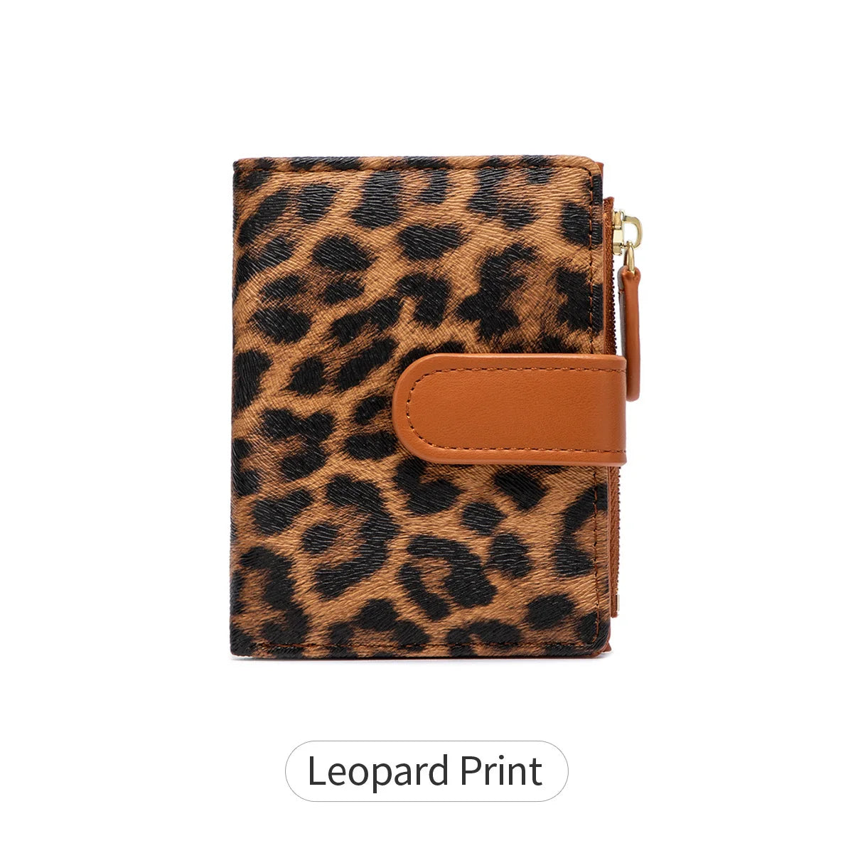 A brown leopard print women's PU leather bi-fold wallet with a tan leather flap and zipper closure.