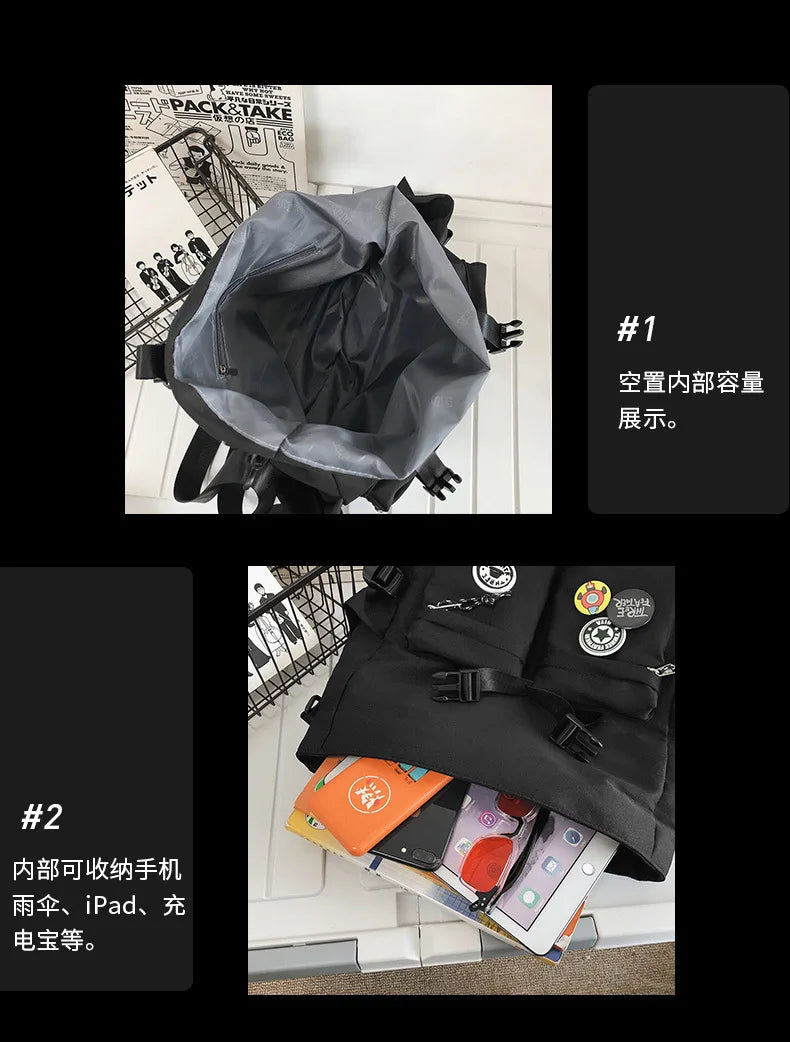 A black nylon crossbody bag is shown open, displaying its interior capacity and organization.