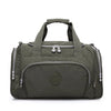 A dark olive green durable nylon travel duffle bag with padded straps and zippers.