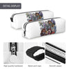 A white pencil case featuring a colorful illustration of women and showing details like hardware, nylon pull rope, and a smoo