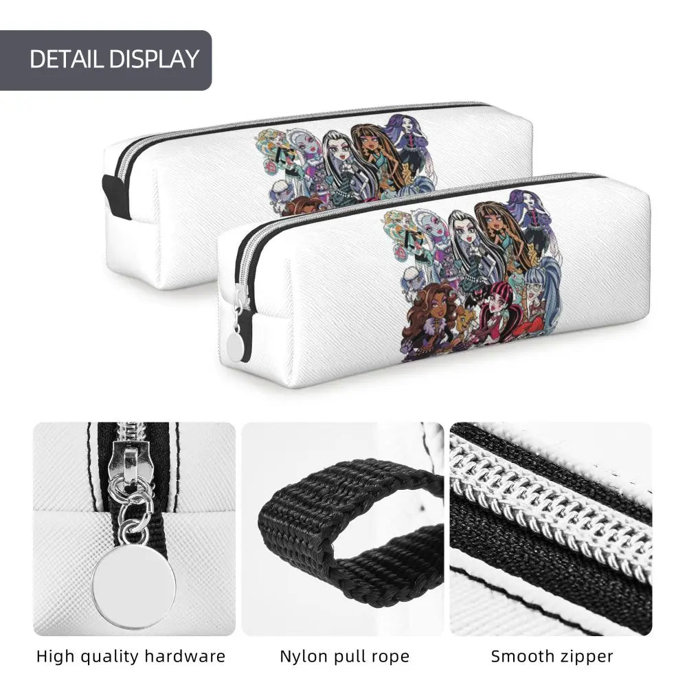 A white pencil case featuring a colorful illustration of women and showing details like hardware, nylon pull rope, and a smoo