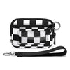 A black and white checkered multi-functional zipper wallet with a silver keychain strap.