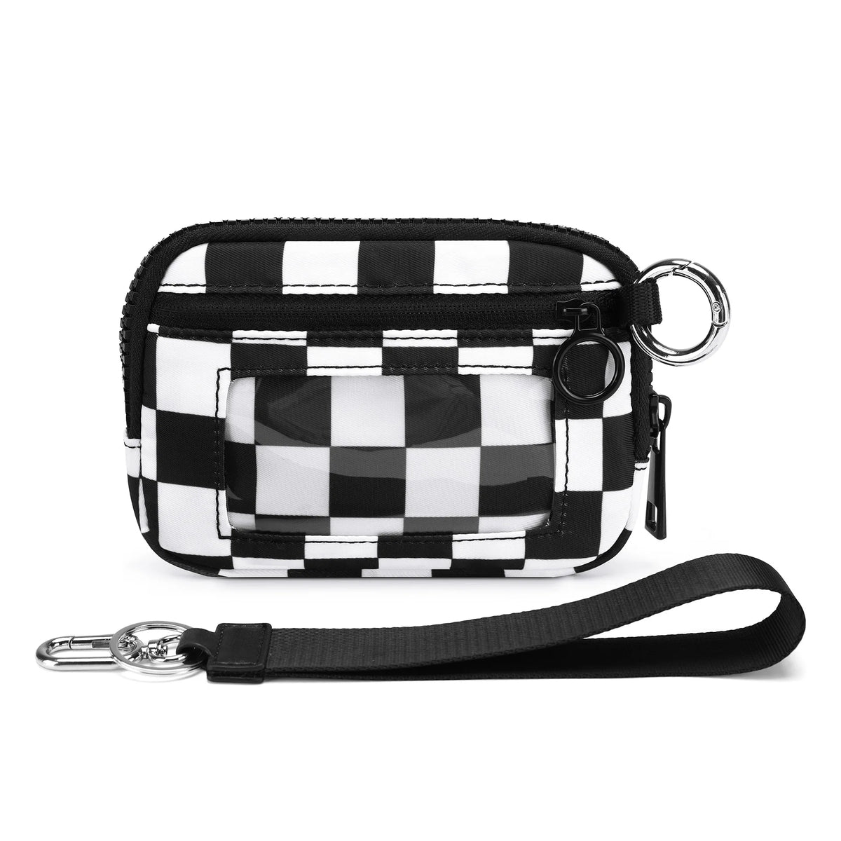 A black and white checkered multi-functional zipper wallet with a silver keychain strap.