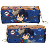A brown and blue Demon Slayer themed PU leather pencil case with a zipper, featuring an anime character design.