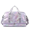 A light purple iridescent nylon travel bag with handles and a zipper, suitable for fitness or gym use.
