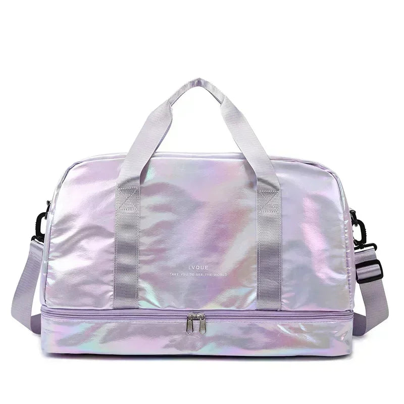 A light purple iridescent nylon travel bag with handles and a zipper, suitable for fitness or gym use.