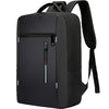 A black durable laptop backpack with a padded shoulder strap and front pocket.