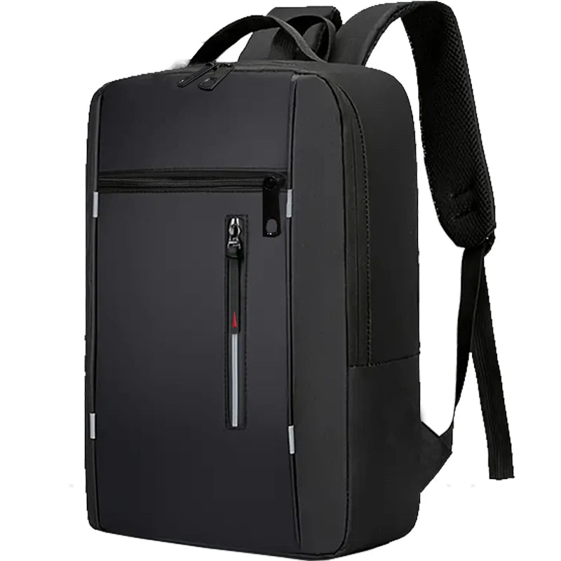 A black durable laptop backpack with a padded shoulder strap and front pocket.
