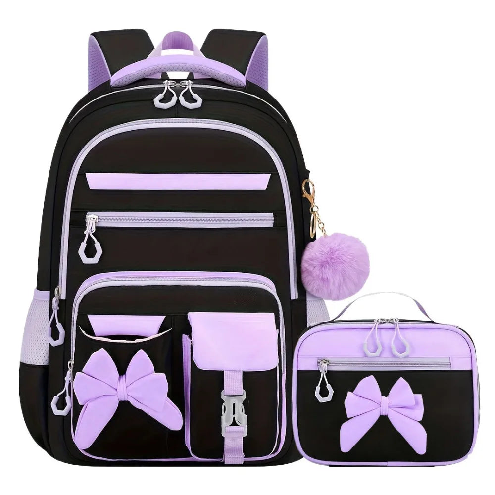 A black and purple 3-piece cartoon school bag set for girls featuring a backpack and a separate pouch.