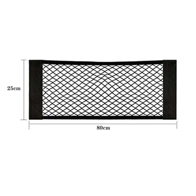 Black mesh net bag for car trunk storage organizer with dimensions 25cm by 80cm