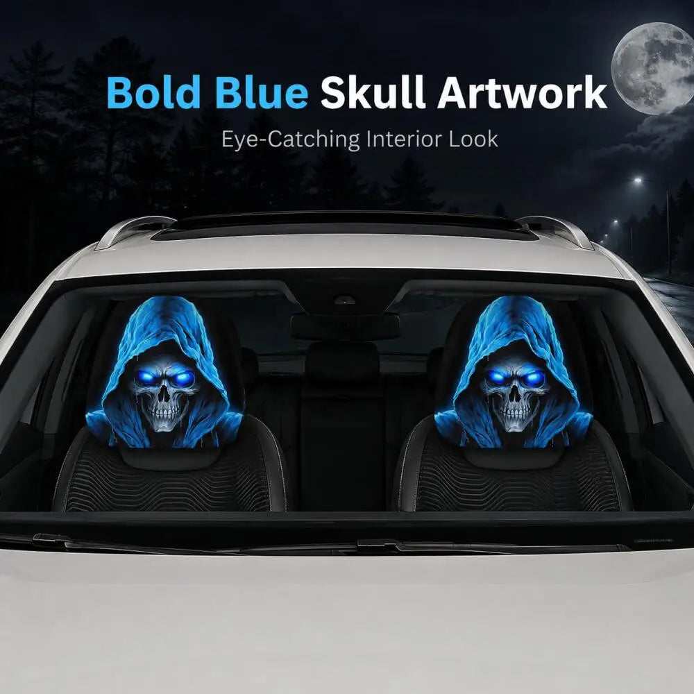 Two blue glowing skull headrest covers installed in the interior of a white car.