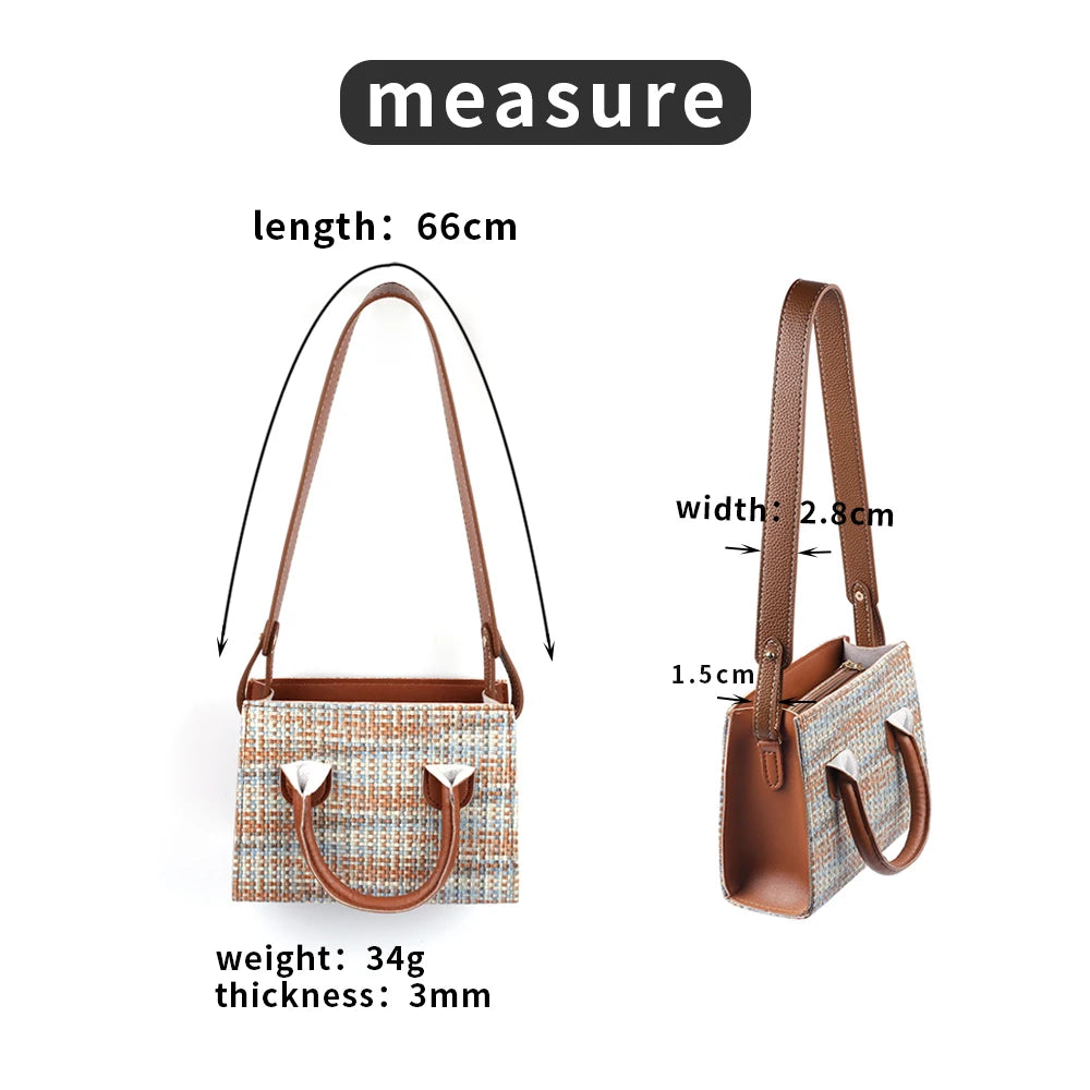 Sac à main en cuir PU marron avec tissu à motif, montrant ses dimensions et détails.