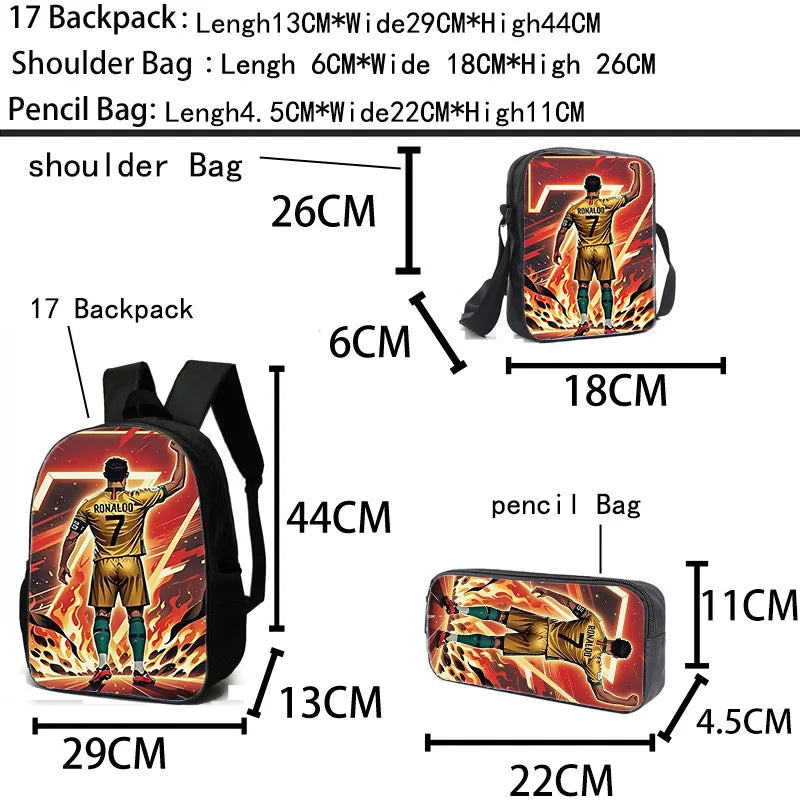A set of football star themed bags including a 17 backpack, shoulder bag, and pencil bag.