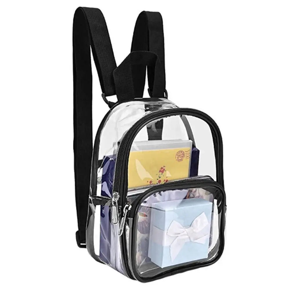 A clear transparent PVC daypack with black straps and multiple zippered compartments for carrying items.