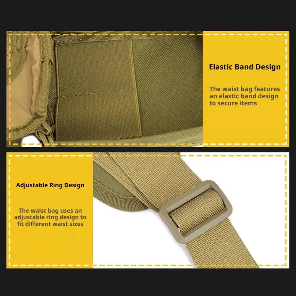 Close-up view of a tan tactical concealed carry waist pack showing elastic band and adjustable ring designs.