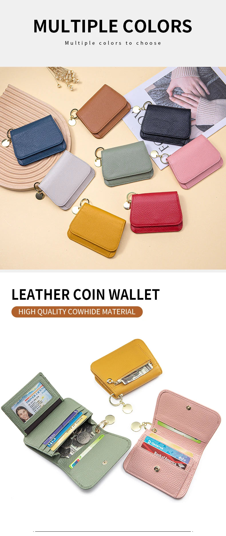 A collection of multiple colored leather coin wallets and a detailed view of a lime green wallet with a zipper pouch.