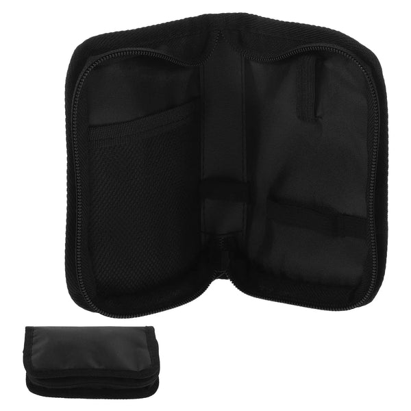 Black portable glucose meter storage pouch with internal compartments and an attached small pouch.