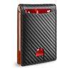 A black slim bifold men's wallet with a textured pattern, showing an open slot for cards.