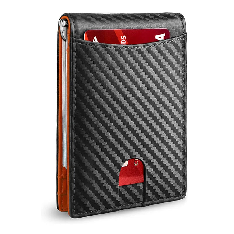A black slim bifold men's wallet with a textured pattern, showing an open slot for cards.