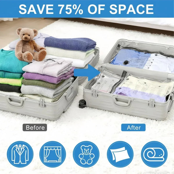 Before and after comparison of reusable vacuum storage bags showing space saving for clothing.