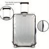 A silver transparent PVC luggage cover with a handle and double opening is shown, along with close-up details.