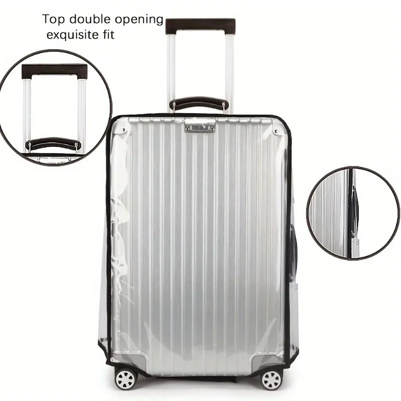A silver transparent PVC luggage cover with a handle and double opening is shown, along with close-up details.