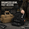 A tan heavy-duty multi-pocket tool bag is shown open, displaying various tools and accessories for fast access.