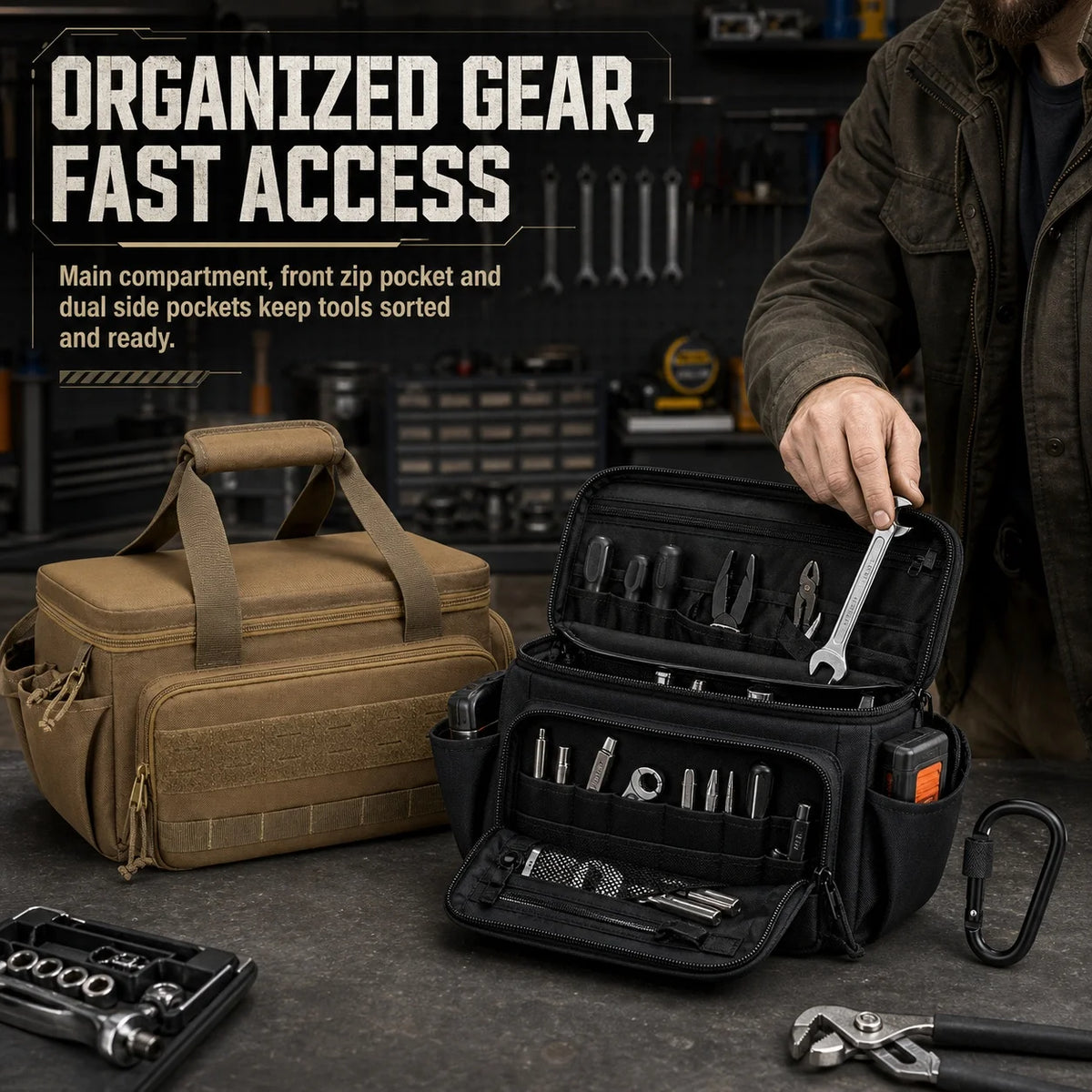 A tan heavy-duty multi-pocket tool bag is shown open, displaying various tools and accessories for fast access.