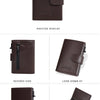 A brown leather card holder with a positive display, reverse side view, and 45 degree and bottom display angles.