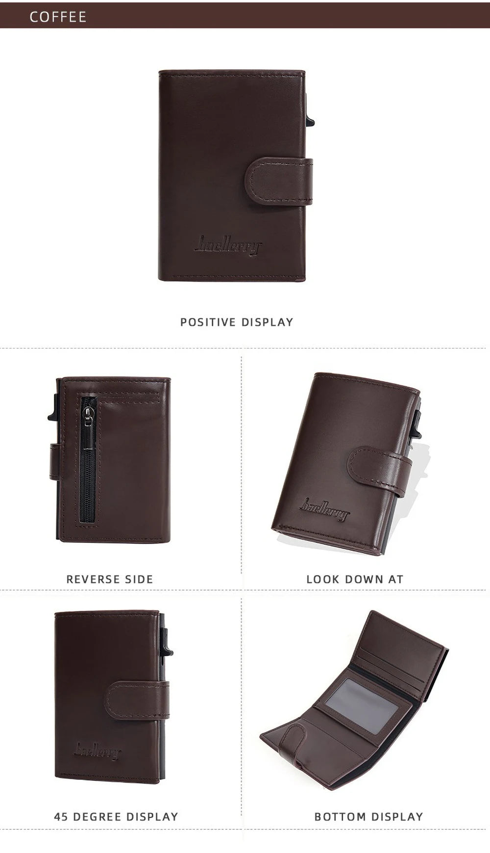 A brown leather card holder with a positive display, reverse side view, and 45 degree and bottom display angles.