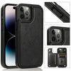 Black elegant wallet flip case for iPhone shown with a phone and separate wallet components.
