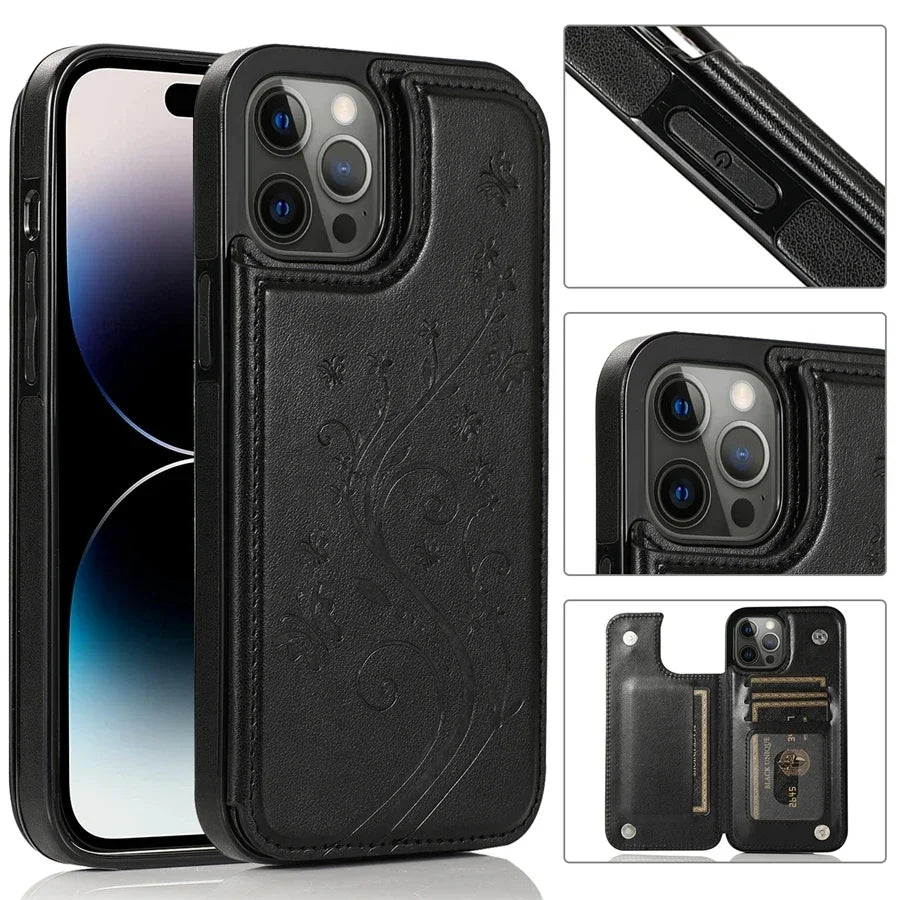 Black elegant wallet flip case for iPhone shown with a phone and separate wallet components.