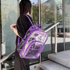A person is carrying a purple transparent backpack while standing on an outdoor staircase next to glass doors.