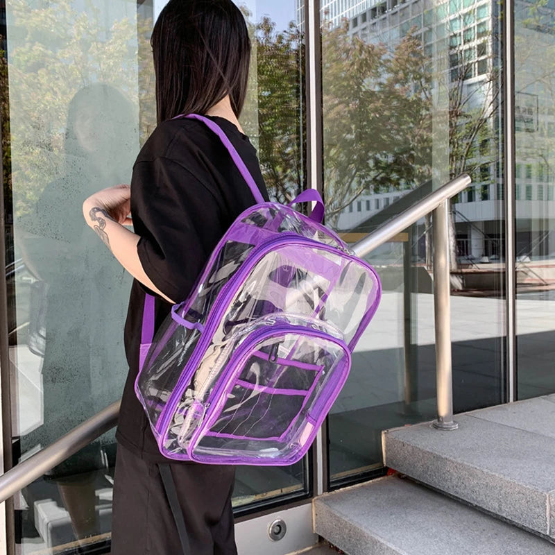 A person is carrying a purple transparent backpack while standing on an outdoor staircase next to glass doors.