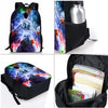 A black backpack and storage pouch featuring a football player design on the exterior.
