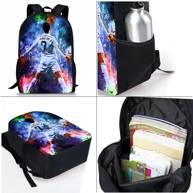 A black backpack and storage pouch featuring a football player design on the exterior.
