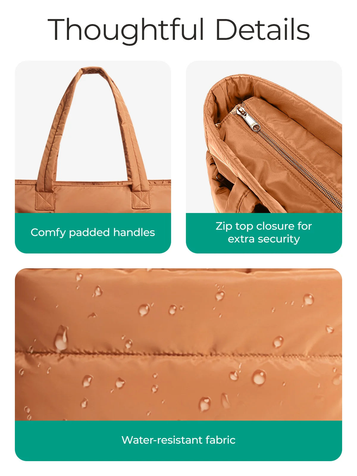 Gros plan d'un sac fourre-tout matelassé beige avec poignées rembourrées, fermeture éclair supérieure et tissu résistant à l'