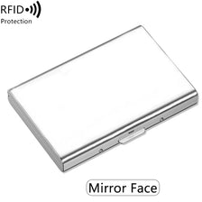 A silver stainless steel card holder with a mirror face designed for RFID protection.