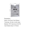 A silver RFID card sleeve with dimensions 6.1cm by 8.8cm and an RFID symbol.