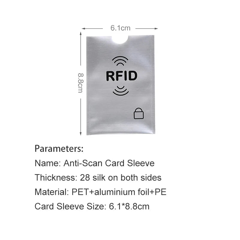 A silver RFID card sleeve with dimensions 6.1cm by 8.8cm and an RFID symbol.