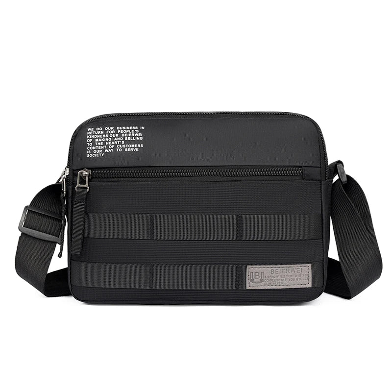 Black durable nylon shoulder bag with multiple compartments and a strap.