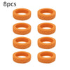 A set of eight orange silicone luggage wheel protection rings.